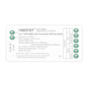  MiBoxer 5 Az 1-ben digitális SPI+DMX Single Color/CCT/RGB/RGBW/RGB+CCT Led Zóna Vezérlő DC5-24V 10A